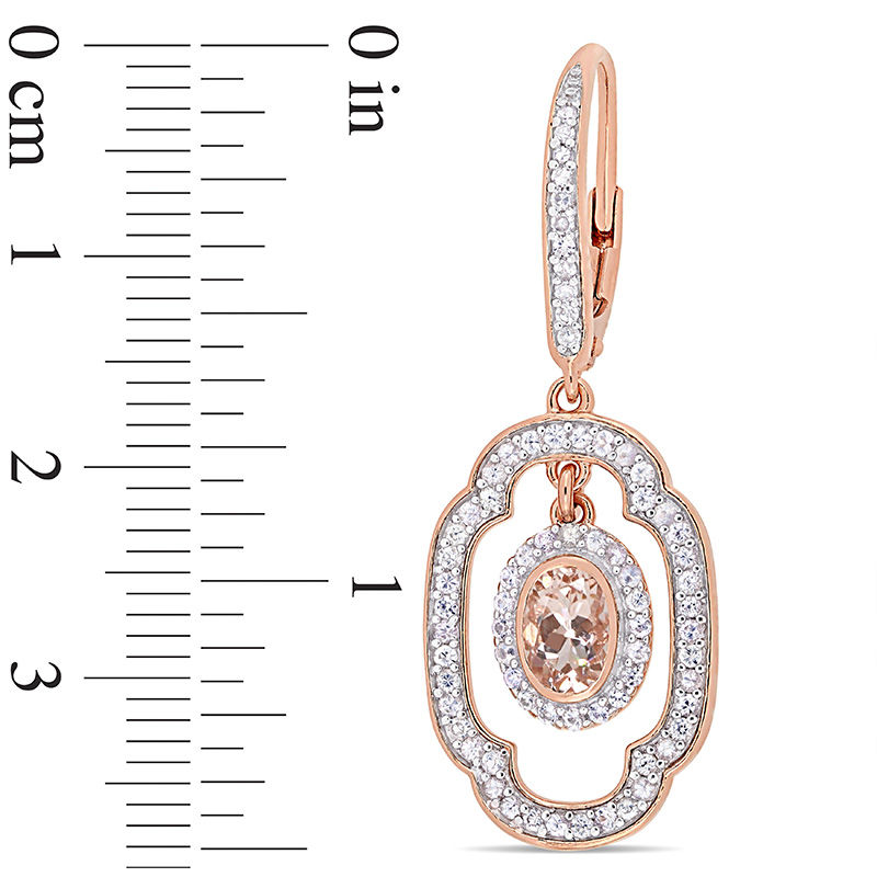 Oval Morganite, White Sapphire and 0.10 CT. T.W. Diamond Geometric Drop Earrings in Sterling Silver with Rose Rhodium|Peoples Jewellers