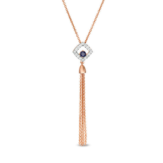 Lab-Created Blue and White Sapphire Cushion Frame Tassel Dangle Pendant in Sterling Silver with 14K Rose Gold Plate