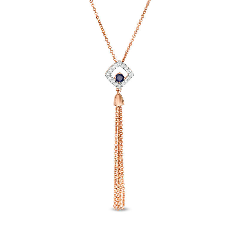 Lab-Created Blue and White Sapphire Cushion Frame Tassel Dangle Pendant in Sterling Silver with 14K Rose Gold Plate|Peoples Jewellers