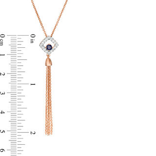 Lab-Created Blue and White Sapphire Cushion Frame Tassel Dangle Pendant in Sterling Silver with 14K Rose Gold Plate