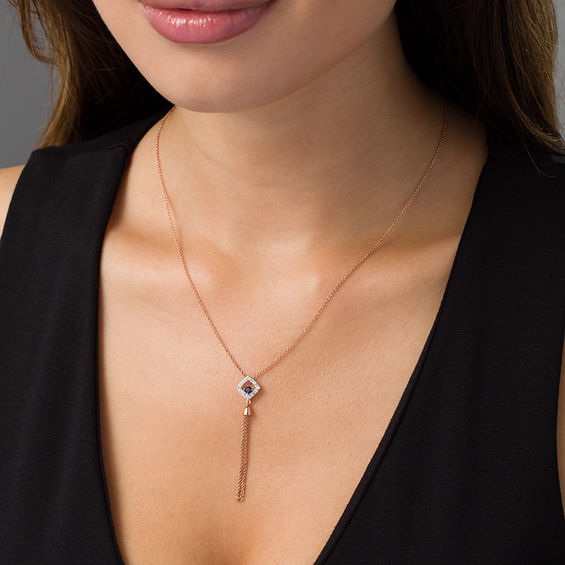 Lab-Created Blue and White Sapphire Cushion Frame Tassel Dangle Pendant in Sterling Silver with 14K Rose Gold Plate