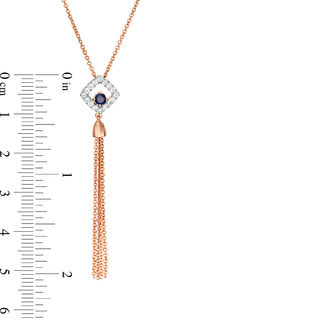 Lab-Created Blue and White Sapphire Cushion Frame Tassel Dangle Pendant in Sterling Silver with 14K Rose Gold Plate