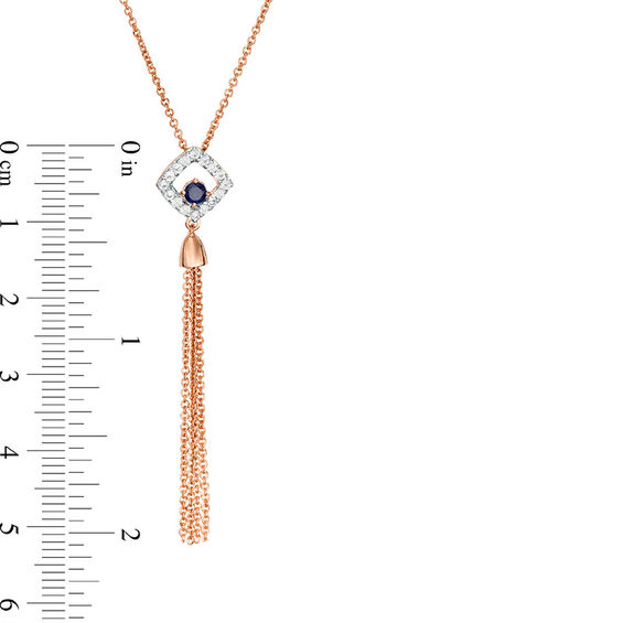 Lab-Created Blue and White Sapphire Cushion Frame Tassel Dangle Pendant in Sterling Silver with 14K Rose Gold Plate