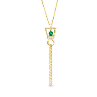 Lab-Created Emerald and Diamond Accent Trapezoid Frame Tassel Dangle Pendant in Sterling Silver with 14K Gold Plate