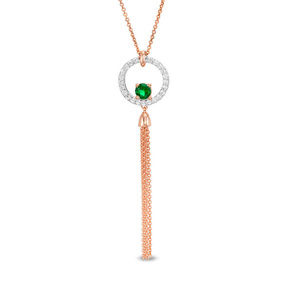 Lab-Created Emerald and White Sapphire Tassel Dangle Pendant in Sterling Silver with 14K Rose Gold Plate