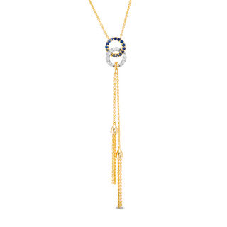 Lab-Created Blue and White Sapphire Interlocking Circles Double Tassel Necklace in Sterling Silver with 14K Gold Plate