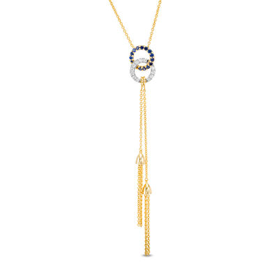 Lab-Created Blue and White Sapphire Interlocking Circles Double Tassel Necklace in Sterling Silver with 14K Gold Plate