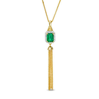 Emerald-Cut Lab-Created Emerald and White Sapphire Frame Tassel Dangle Pendant in Sterling Silver with 14K Gold Plate