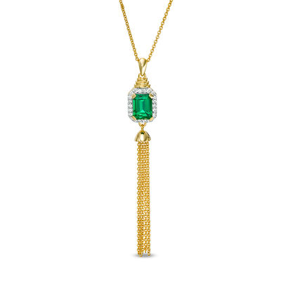 Emerald-Cut Lab-Created Emerald and White Sapphire Frame Tassel Dangle Pendant in Sterling Silver with 14K Gold Plate