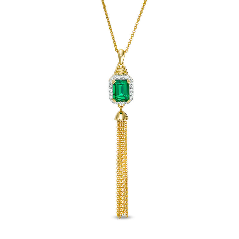 Emerald-Cut Lab-Created Emerald and White Sapphire Frame Tassel Dangle Pendant in Sterling Silver with 14K Gold Plate|Peoples Jewellers