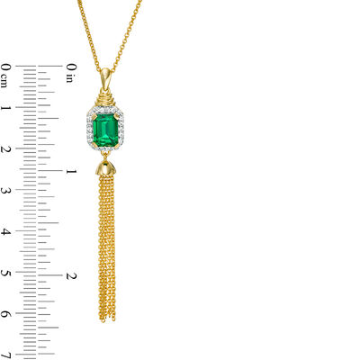 Emerald-Cut Lab-Created Emerald and White Sapphire Frame Tassel Dangle Pendant in Sterling Silver with 14K Gold Plate