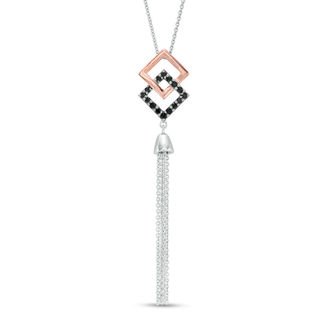 Onyx Interlocking Tilted Squares Tassel Dangle Pendant in Sterling Silver and 10K Rose Gold