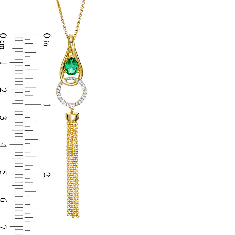 Pear-Shaped Lab-Created Emerald and White Sapphire Teardrop Tassel Dangle Pendant in Sterling Silver with 14K Gold Plate|Peoples Jewellers