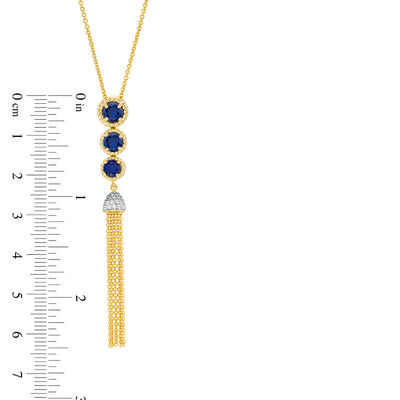 Lab-Created Blue Sapphire and 0.04 CT. T.W. Diamond Three Stone Tassel Pendant in Sterling Silver with 14K Gold Plate