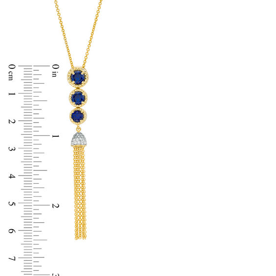 Lab-Created Blue Sapphire and 0.04 CT. T.W. Diamond Three Stone Tassel Pendant in Sterling Silver with 14K Gold Plate