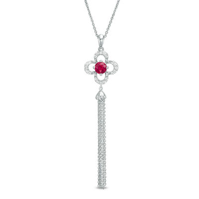 5.0mm Lab-Created Ruby and White Sapphire Clover Frame Tassel Dangle Pendant in Sterling Silver