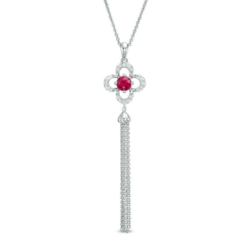 5.0mm Lab-Created Ruby and White Sapphire Clover Frame Tassel Dangle Pendant in Sterling Silver|Peoples Jewellers