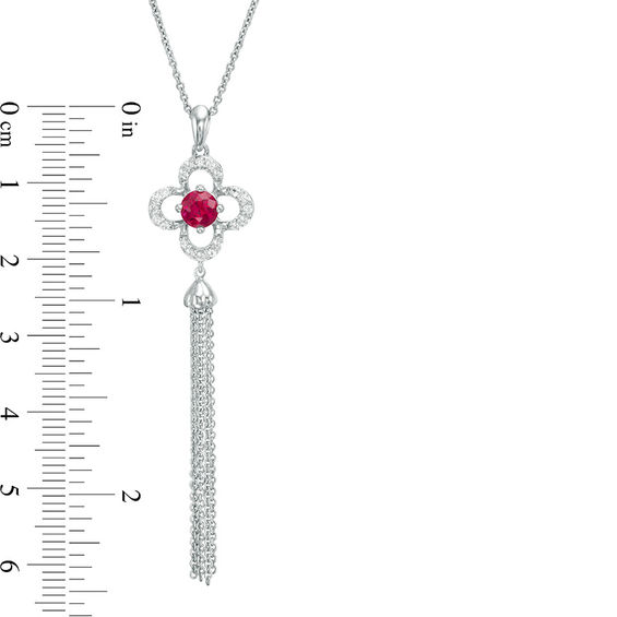 5.0mm Lab-Created Ruby and White Sapphire Clover Frame Tassel Dangle Pendant in Sterling Silver