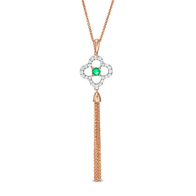 Lab-Created Emerald and White Sapphire Clover Frame Tassel Dangle Pendant in Sterling Silver with 14K Rose Gold Plate