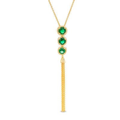 Lab-Created Emerald Three Stone Rope Frame Tassel Dangle Pendant in Sterling Silver with 14K Gold Plate