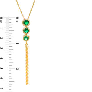 Lab-Created Emerald Three Stone Rope Frame Tassel Dangle Pendant in Sterling Silver with 14K Gold Plate