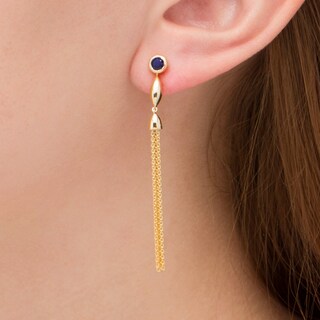 Lab-Created Blue Sapphire Solitaire Marquise Accent Tassel Drop Earrings in Sterling Silver with 14K Gold Plate