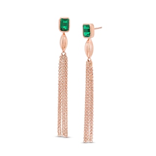 Emerald-Cut Lab-Created Emerald Marquise Accent Tassel Drop Earrings in Sterling Silver with 14K Rose Gold Plate