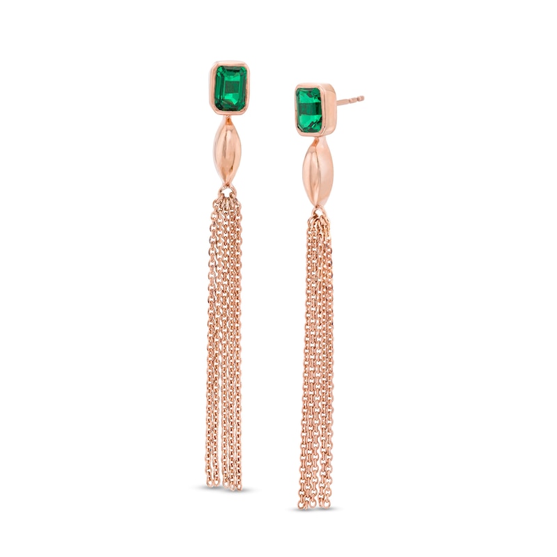 Emerald-Cut Lab-Created Emerald Marquise Accent Tassel Drop Earrings in Sterling Silver with 14K Rose Gold Plate|Peoples Jewellers
