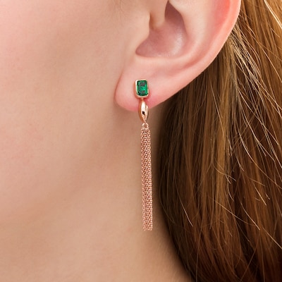 Emerald-Cut Lab-Created Emerald Marquise Accent Tassel Drop Earrings in Sterling Silver with 14K Rose Gold Plate