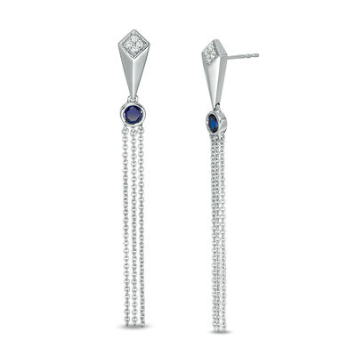 Lab-Created Blue Sapphire and 0.06 CT. T.W. Diamond Geometric Tassel Drop Earrings in Sterling Silver