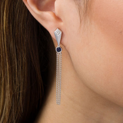 Lab-Created Blue Sapphire and 0.06 CT. T.W. Diamond Geometric Tassel Drop Earrings in Sterling Silver