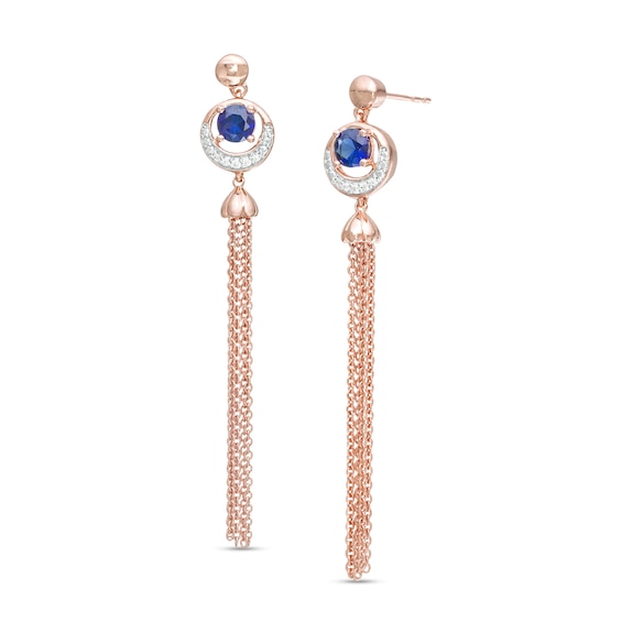 Lab-Created Blue Sapphire and 0.04 CT. T.W. Diamond Tassel Drop Earrings in Sterling Silver with 14K Rose Gold Plate