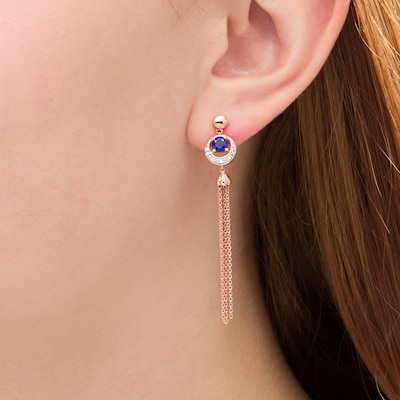 Lab-Created Blue Sapphire and 0.04 CT. T.W. Diamond Tassel Drop Earrings in Sterling Silver with 14K Rose Gold Plate