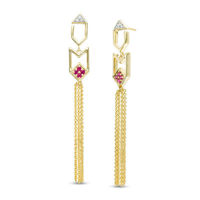 Lab-Created Ruby Cluster and Diamond Accent Art Deco Tassel Drop Earrings in Sterling Silver with 14K Gold Plate