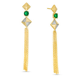 Lab-Created Emerald and 0.066 CT. T.W. Diamond Tilted Square Tassel Drop Earrings in Sterling Silver with 14K Gold Plate