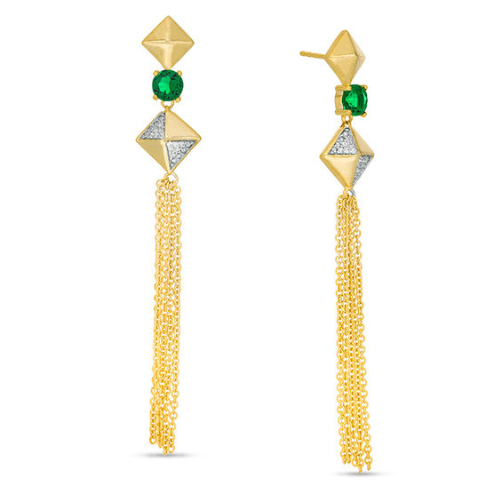 Lab-Created Emerald and 0.066 CT. T.W. Diamond Tilted Square Tassel Drop Earrings in Sterling Silver with 14K Gold Plate