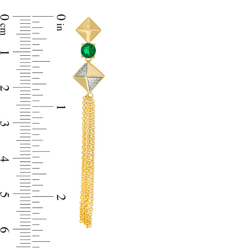 Lab-Created Emerald and 0.066 CT. T.W. Diamond Tilted Square Tassel Drop Earrings in Sterling Silver with 14K Gold Plate|Peoples Jewellers