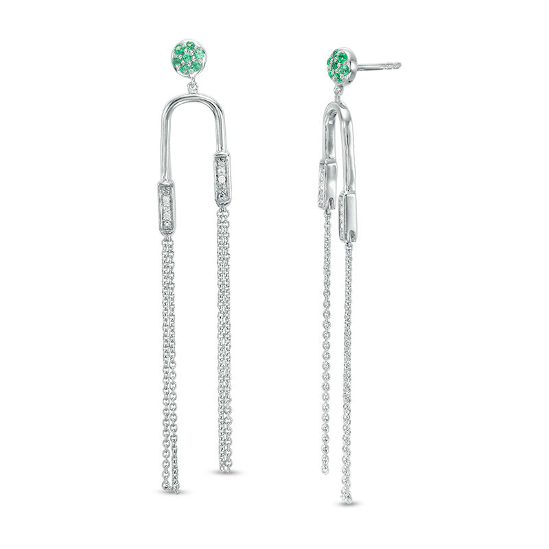 Lab-Created Emerald Cluster and 0.04 CT. T.W. Diamond Asymmetrical Double Tassel Drop Earrings in Sterling Silver