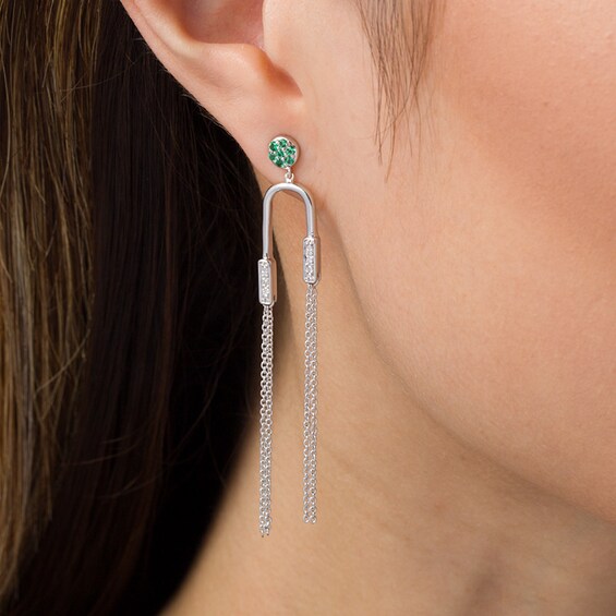 Lab-Created Emerald Cluster and 0.04 CT. T.W. Diamond Asymmetrical Double Tassel Drop Earrings in Sterling Silver