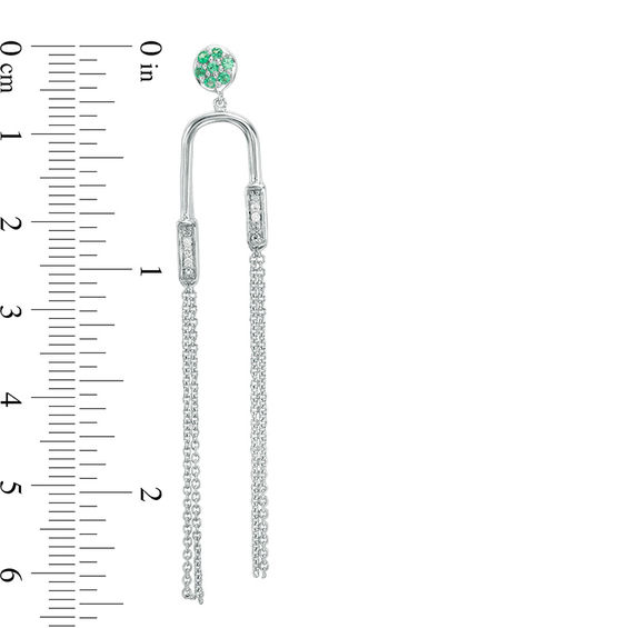 Lab-Created Emerald Cluster and 0.04 CT. T.W. Diamond Asymmetrical Double Tassel Drop Earrings in Sterling Silver