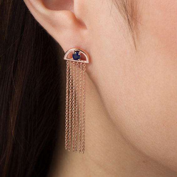 Lab-Created Blue Sapphire Solitaire Tassel Drop Earrings in Sterling Silver with 14K Rose Gold Plate