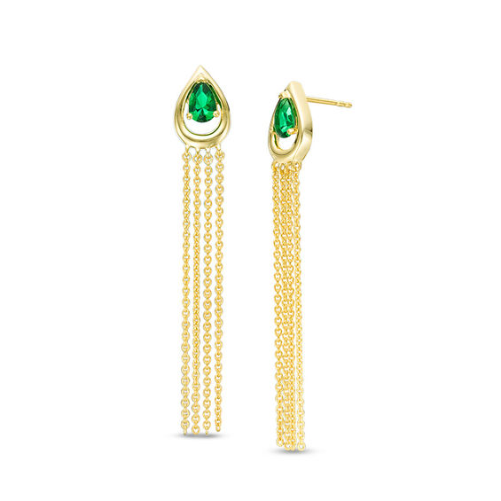 Pear-Shaped Lab-Created Emerald Solitaire Teardrop Frame Tassel Drop Earrings in Sterling Silver with 14K Gold Plate