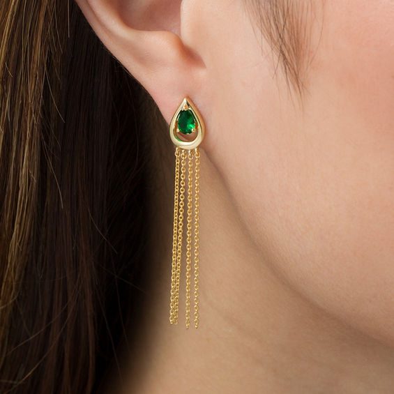 Pear-Shaped Lab-Created Emerald Solitaire Teardrop Frame Tassel Drop Earrings in Sterling Silver with 14K Gold Plate