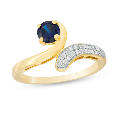 5.0mm Lab-Created Blue Sapphire and 0.089 CT. T.W. Diamond Bypass Ring in Sterling Silver with 14K Gold Plate