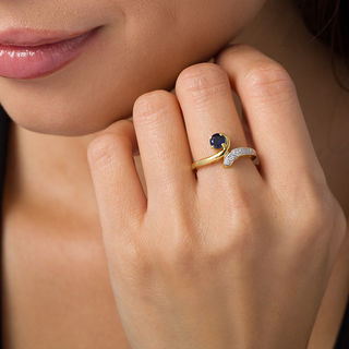 5.0mm Lab-Created Blue Sapphire and 0.089 CT. T.W. Diamond Bypass Ring in Sterling Silver with 14K Gold Plate