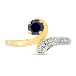 5.0mm Lab-Created Blue Sapphire and 0.089 CT. T.W. Diamond Bypass Ring in Sterling Silver with 14K Gold Plate