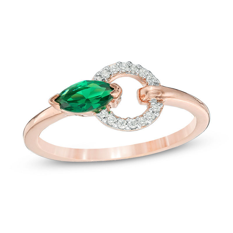 Marquise Lab-Created Emerald and 0.065 CT. T.W. Diamond Lock Ring in Sterling Silver with 14K Rose Gold Plate|Peoples Jewellers