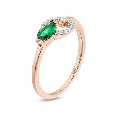 Marquise Lab-Created Emerald and 0.065 CT. T.W. Diamond Lock Ring in Sterling Silver with 14K Rose Gold Plate