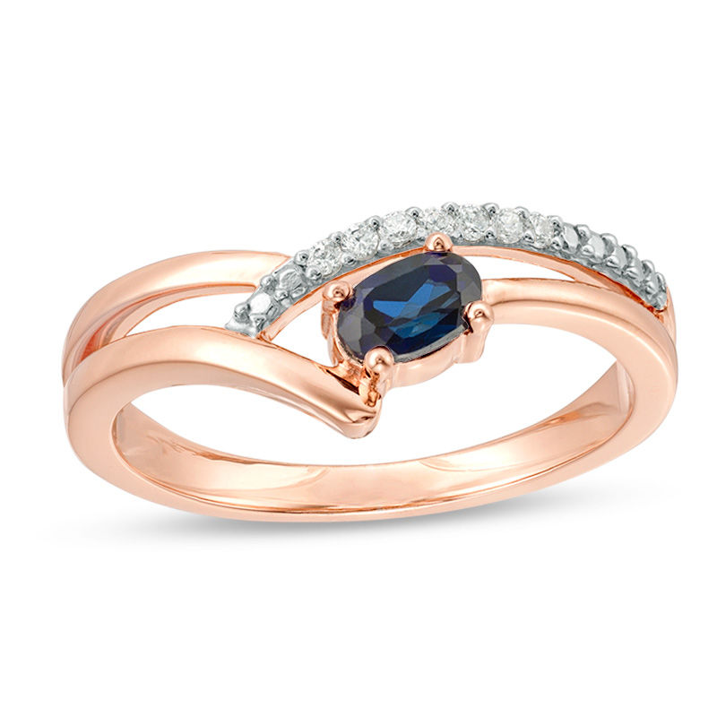 Oval Lab-Created Blue Sapphire and 0.04 CT. T.W. Diamond Chevron Ring in Sterling Silver with 14K Rose Gold Plate|Peoples Jewellers