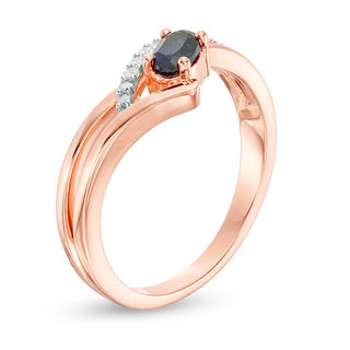 Oval Lab-Created Blue Sapphire and 0.04 CT. T.W. Diamond Chevron Ring in Sterling Silver with 14K Rose Gold Plate